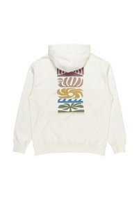 Sudadera color crema con cordón, que presenta un diseño vertical de diferentes formas orgánicas de colores y el texto "LA MONTAÑA Y LA OLA."