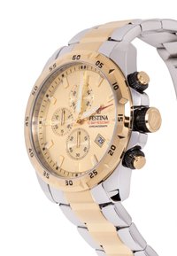 Festina kronografski sat s metalnom narukvicom u zlatu i srebru, zlatnim brojčanikom, tri subbrojčanika, prikazom datuma i crnim gumbima.