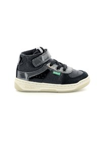 Zapatilla alta negra con parte superior texturizada, acentos metálicos, correa de Velcro y suela blanca. Logo de la marca visible en el lateral.