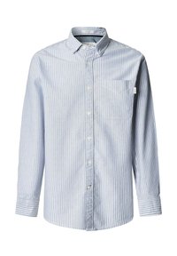 Camicia a maniche lunghe a righe blu e bianche con colletto, tasca sul lato sinistro del petto e tessuto morbido e leggero.