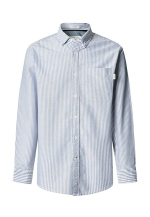Camicia a maniche lunghe a righe blu e bianche con colletto, tasca sul lato sinistro del petto e tessuto morbido e leggero.