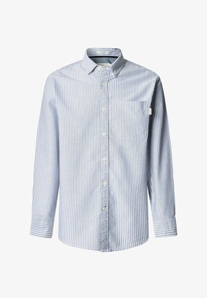 Plava i bijela prugasta bijela košulja dugih rukava s kragnom, džep na lijevoj strani prsnog dijela te meka, lagana tkanina.