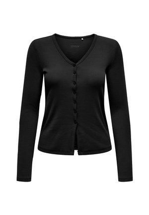 Czarny kardigan z długim rękawem i dekoltem w serek, zapinany na guziki z prążkowaną fakturą. Gładki design bez widocznych wzorów ani akcentów.