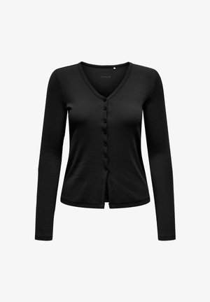 Czarny kardigan z długim rękawem i dekoltem w serek, zapinany na guziki z prążkowaną fakturą. Gładki design bez widocznych wzorów ani akcentów.