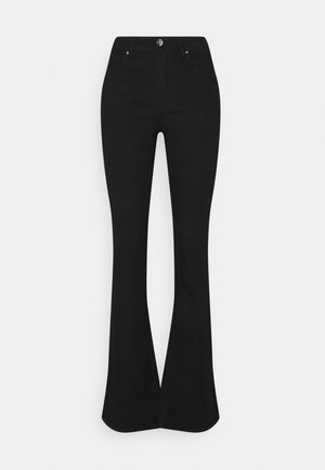 Pantalon noir taille haute pour femmes avec bouton à l'avant, poches et jambes larges évasées, présenté sur un fond clair uni.