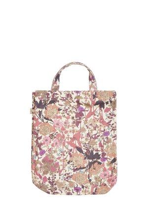 Fabric tote bag featuring a floral pattern in pink, purple, and cream; sturdy handles and a rectangular shape with a flat bottom.