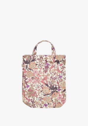 Stof tote bag med et blomsterdesign i pink, lilla og creme; solide håndtag og en rektangulær form med en flad bund.