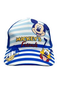 Gorra a rayas azul y blanca con estampado de Mickey Mouse, Donald Duck y Goofy. El texto dice "Los Amigos de Mickey". Hecha de tela con visera curva.