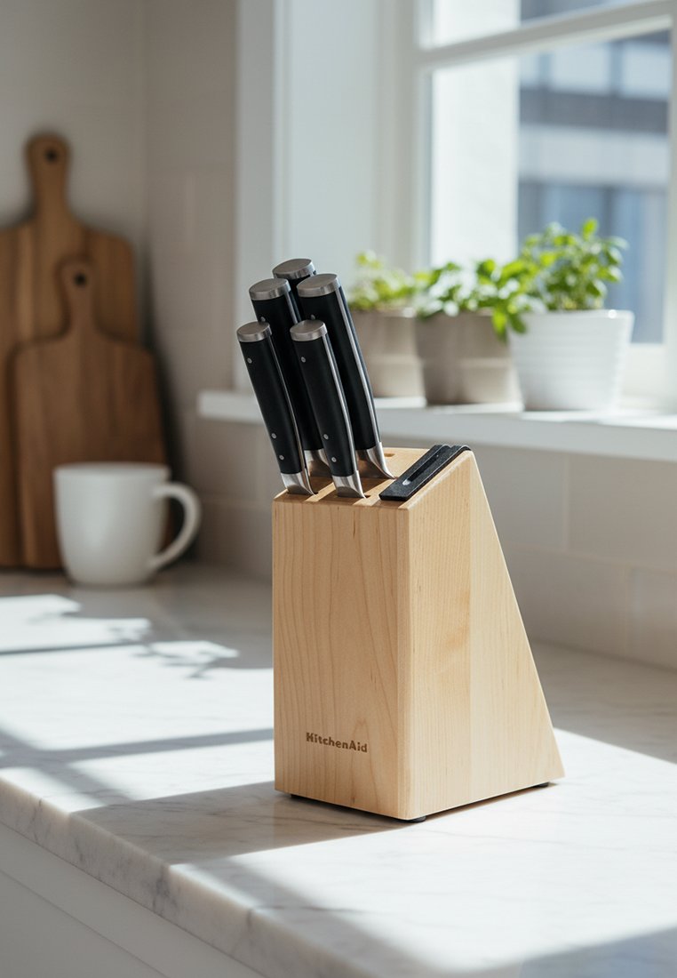 Bloc à couteaux en bois avec cinq couteaux à manches noirs et un aiguiseur sur un plan de travail de cuisine ensoleillé, près d’herbes en pot et de planches à découper.