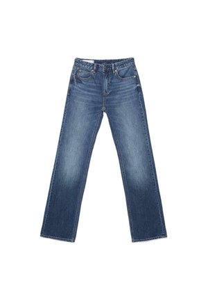 Blauwe denim jeans met rechte pijpen, vijf zakken en een knoop- en ritssluiting, licht vervaagd bij de dijen en knieën.