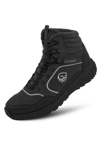 Wasserdichte schwarze Wanderschuhe mit gepolstertem Kragen, strukturiertem Material, reflektierenden Akzenten und sicherem Schnürdesign. Robuste Gummisohle.