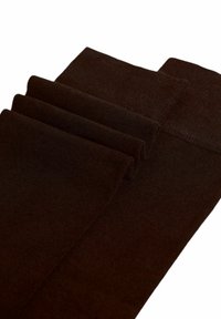 Mørkebrune knæhøje sokker med ribbet tekstur, foldet pænt. Materialet ser blødt og elastisk ud, designet til komfort og holdbarhed.