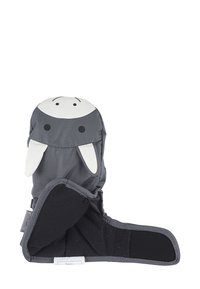 Graue Kinderhandschuhe mit einem Hasenmotiv, aus weichem Stoff, großen Ohren und einem Stoffriemen. Texturierte Innenauskleidung und Klettverschluss.