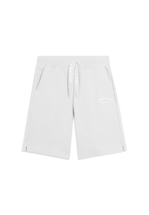 Shorts blancs en coton longueur genou avec taille élastique, cordon, poches latérales et petit logo imprimé sur la cuisse droite.