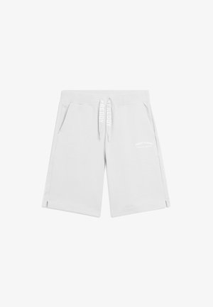 Pantalones cortos blancos de algodón hasta la rodilla con cintura elástica, cordón, bolsillos laterales y pequeño logo impreso en el muslo derecho.