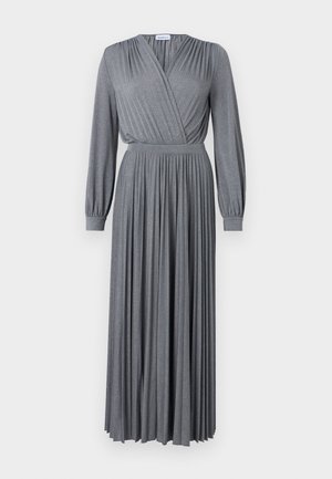 Gray long-sleeve dress with a wrap design, pleated bodice, and flowing skirt. Made from a textured, sparkly fabric. Elasticated waistband.