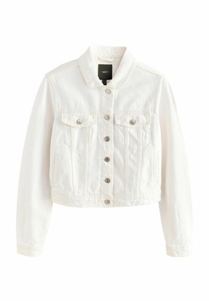 Chaqueta de denim blanca con un cierre de botones en el frente, dos bolsillos en el pecho y un cuello clásico. Presenta botones en tono plateado y un diseño recortado.