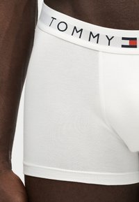 Nahaufnahme der Hüfte und des Oberschenkels einer Person, die weiße Tommy-Unterwäsche mit einem gebrandeten Bund und einem roten, weißen und blauen Logo trägt.