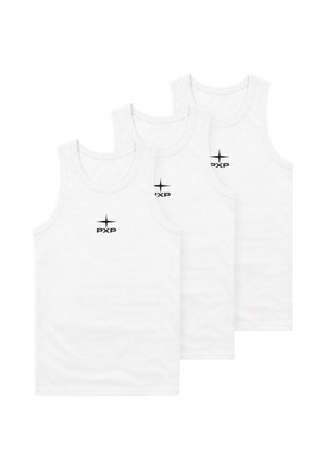 Drie witte mouwloze tanktops opgestapeld, elk met een zwart "PXP" logo en sterontwerp in het midden van de bovenborst.