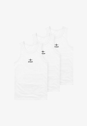 Drie witte mouwloze tanktops opgestapeld, elk met een zwart "PXP" logo en sterontwerp in het midden van de bovenborst.