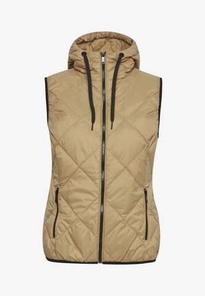 Leichter, beigefarbener steppbarer Weste mit Kapuze, Frontreißverschluss und schwarzen Akzenten. Verfügt über zwei seitliche Reißverschlusstaschen und diagonale Nahtdetails.