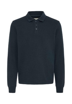 Tricou polo cu mânecă lungă, culoare bleumarin, confecționat din bumbac, având o fenta cu trei nasturi, manșete striate și un design clasic al gulerului.