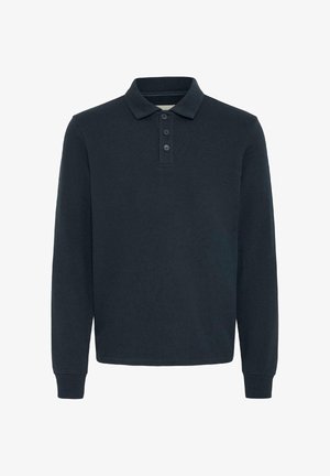 Tengerészkék hosszú ujjú pólóing, pamutból készült, háromgombos gombolású, bordázott mandzsettákkal és klasszikus gallér kialakítással.