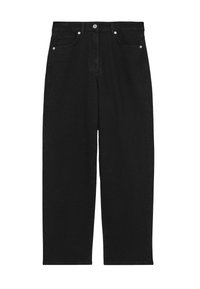Pantaloni din denim negri, cu talie înaltă, design cu picior drept, buzunare frontale și închidere cu nasture metalic. Textură netedă și cusături minime.