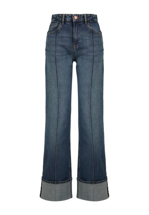 High-waisted, wide-leg jeans in dark blue denim with contrast stitching and a folded, lighter denim cuff at the hem.