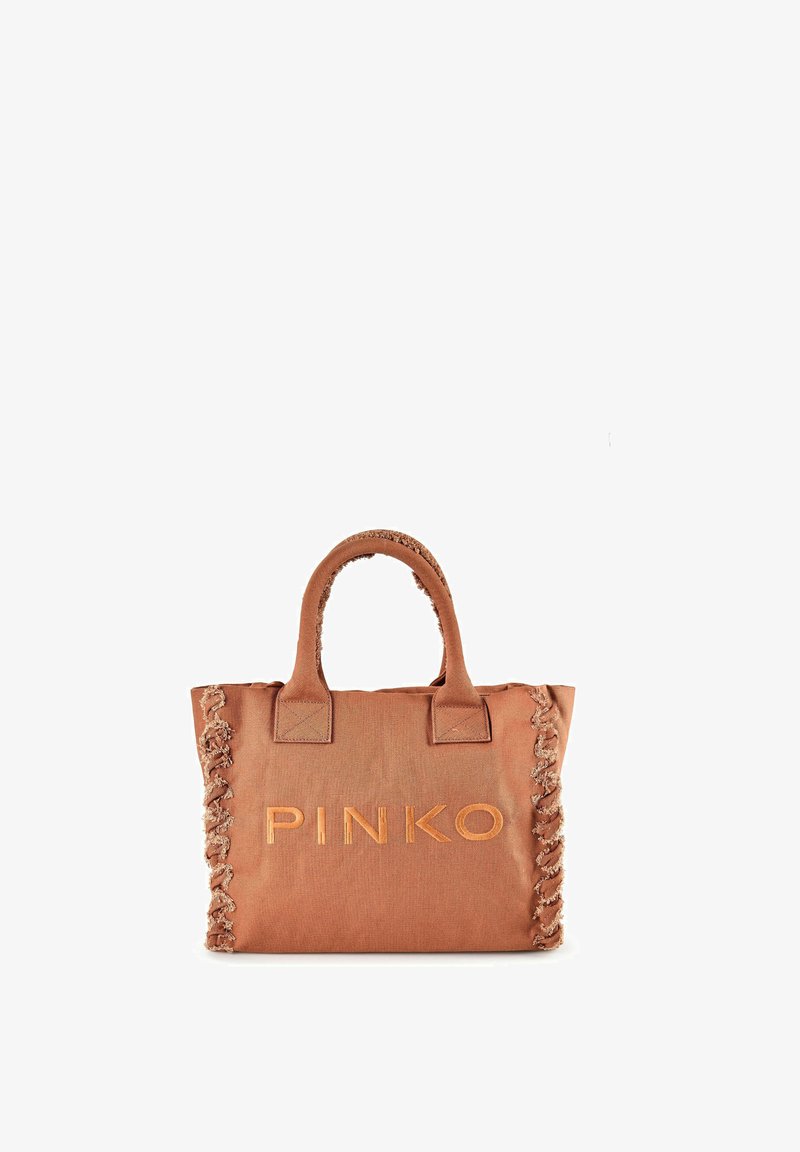 Brown fabric tote bag with frayed edges and "PINKO" embroidered in orange on the front, featuring two short handles.