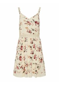 Robe florale à bretelles spaghetti, avec un fond crème clair, imprimé floral rose et vert, dentelle aux hanches et jupe plissée.
