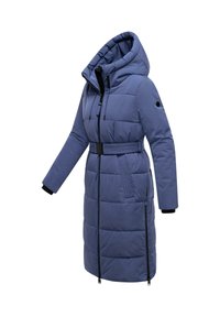 Padded Coat in Hellblau mit Reißverschluss und Kapuze. Verfügt über eine taillierte Silhouette, lange Ärmel und seitliche Taschen mit vertikalen Akzenten.