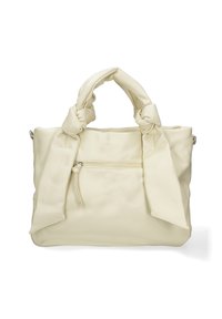 Borsa in similpelle crema con manici annodati, tasca anteriore con cerniera e un design liscio e minimalista.