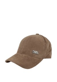 Cappellino da baseball in velluto a coste marrone con visiera curva e logo "KARL LAGERFELD" in rilievo. Tessuto strutturato con righe verticali; cinturino posteriore regolabile.