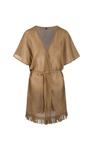 Kimono leggero marrone lavorato a maglia con maniche corte, scollo a V e una cintura da annodare, caratterizzato da dettagli con orlo frangiato. Texture traslucida.