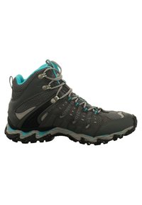 Gray hiking shoe with mesh and suede upper, turquoise accents, grey laces, and a robust black rubber sole with a textured pattern.
