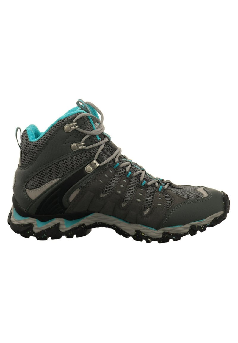 Gray hiking shoe with mesh and suede upper, turquoise accents, grey laces, and a robust black rubber sole with a textured pattern.