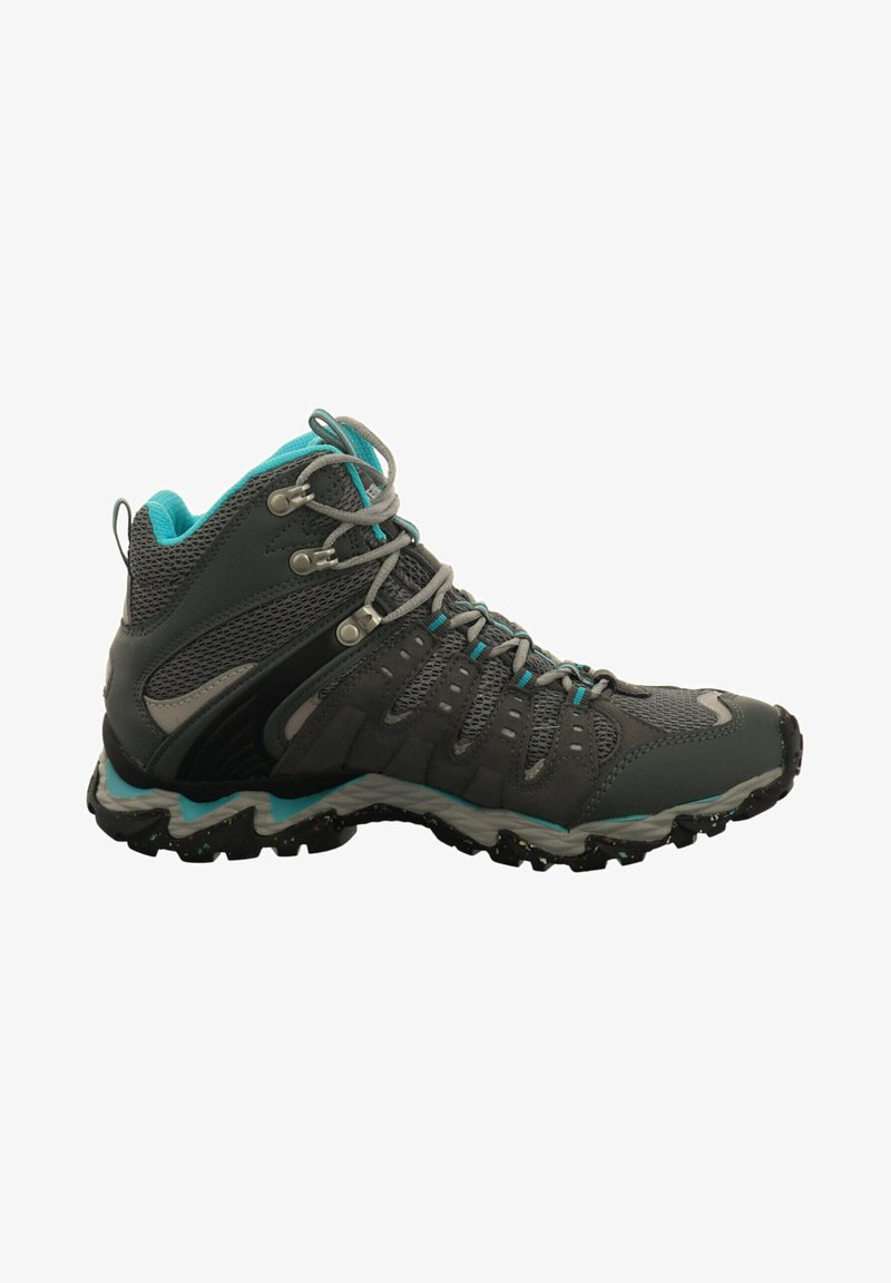 Gray hiking shoe with mesh and suede upper, turquoise accents, grey laces, and a robust black rubber sole with a textured pattern.