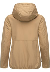Ljusbeige jacka med huva, med en minimalistisk design, slät textur, elastiska ärmslut och en rynkad bakre fåll för en figurnära look.