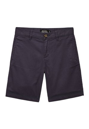 Shorts en coton bleu marine avec passants pour ceinture, bouton à l'avant, fermeture éclair et poches latérales, étiquetés Monoprix.