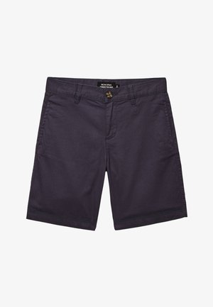 Shorts en coton bleu marine avec passants pour ceinture, bouton à l'avant, fermeture éclair et poches latérales, étiquetés Monoprix.