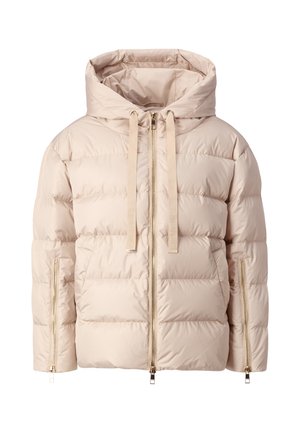 Beige Pufferjacke mit Kapuze, ausgestattet mit einem Reißverschluss vorne, zwei seitlichen Reißverschlusstaschen und dekorativen Zugbändern. Glatte, gesteppten Textur.