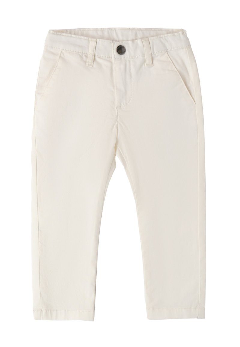 Lichtcrème gekleurde broek van katoen. Kenmerken zijn onder andere een knoopsluiting, ceintuurlussen en zijzakken. Gladde textuur en Slim fit.