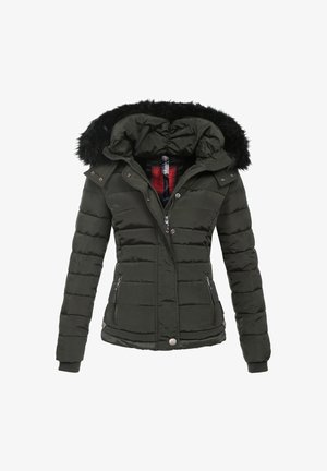 Chaqueta de invierno acolchada de color verde oscuro con capucha de piel sintética negra, cremallera frontal y botones a presión, y bolsillos laterales con cremallera.