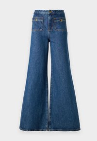 Breda denimjeans i mörkblått med hög midja, två bakfickor med guldfärgade detaljer och en rå kant nertill på benen.