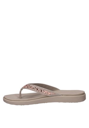 Sandale beige type tong avec semelle coussinée et bride décorative ornée de perles roses et argentées.