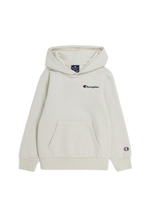 Hellbeiger Champion-Hoodie mit Kängurutasche vorne, gesticktem Logo auf der linken Brust und kleinem Logopatch am linken Ärmelbündchen.