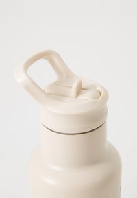 Beige rozsdamentes acél vizespalack, széles szájnyílással, lapos fedéllel és ergonomikus fogantyúval a könnyű hordozhatóság érdekében. Sima, matt felület.