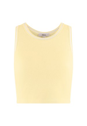 Top court côtelé jaune sans manches avec bord blanc autour de l'encolure et des emmanchures, taille small.