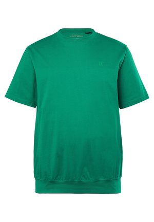 Short-sleeve green T-shirt with a round neckline, made of soft fabric. Features a subtle embossed logo and elasticated hem at the waist.